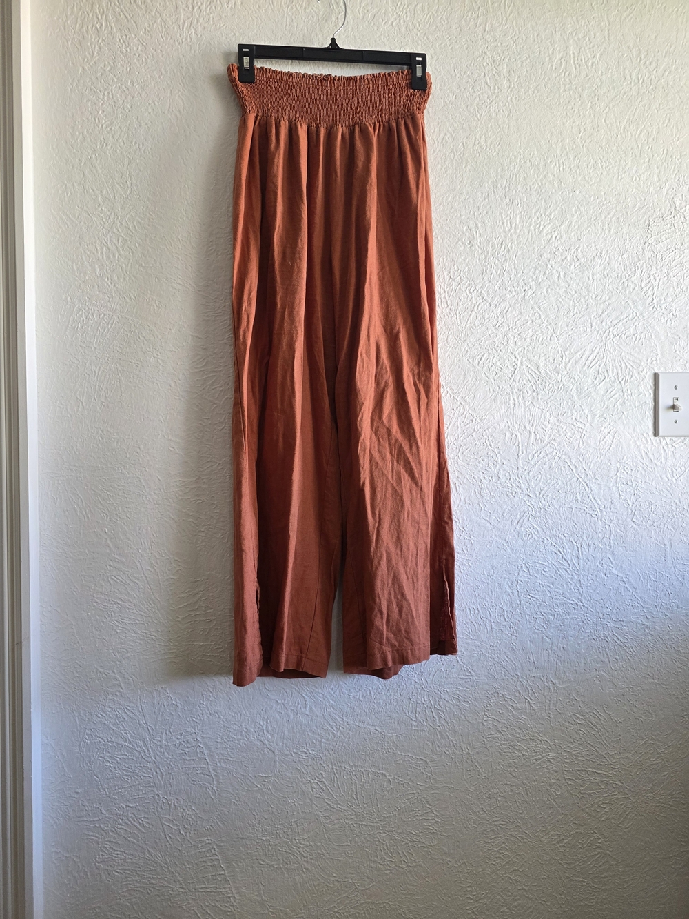 Boho Rust High-Rise Wide Leg Linen Blend Pants with Smocked Wa